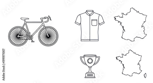 Cycling Tour of France Icons: Bicycle, Jersey, Trophy, Map of France