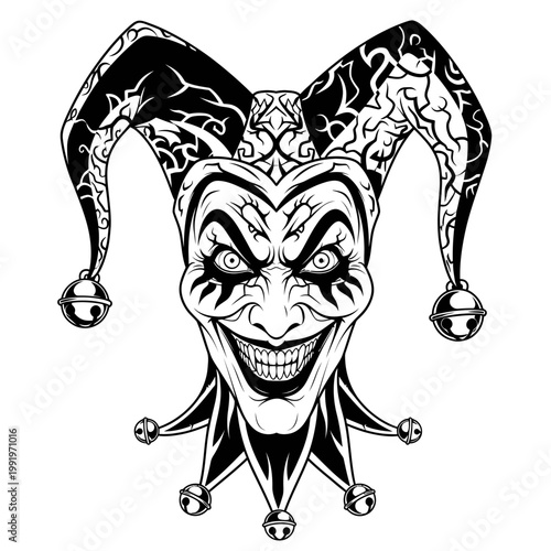 Creepy Jester Face with Bells, Black and White Tattoo Style