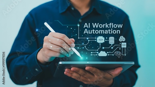 A business professional using a digital tablet for managing modern ai workflow automation tasks.