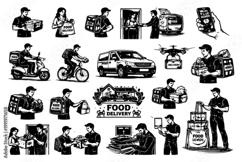 Food delivery service illustrations with male and female couriers and various transport modes.