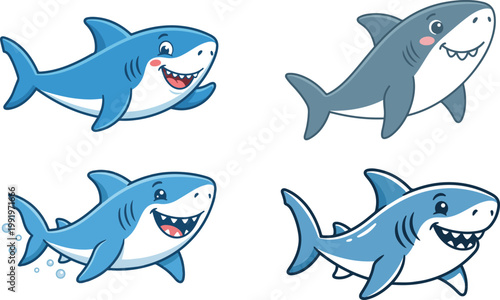 Vector illustration set of cartoon sharks in different poses and expressions, featuring playful aquatic characters in a colorful marine style.