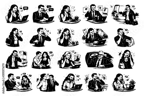 Business people communicating on phones in various office scenarios.