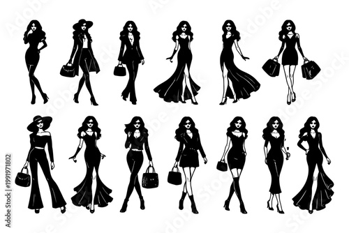 Fashion silhouettes of stylish young caucasian female models in various chic outfits.