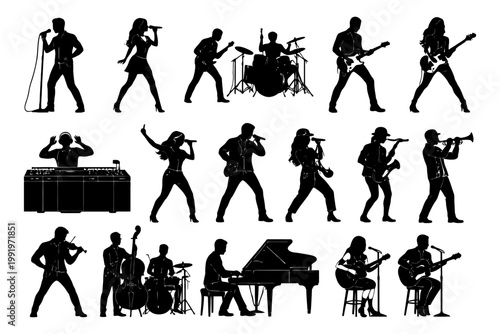 Silhouettes of diverse musicians playing various instruments.