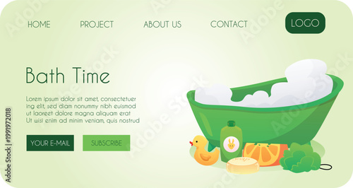 A website layout featuring a green bathtub with bubbles, toys, and baby care products.