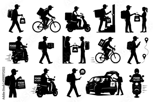 Silhouettes of delivery workers: cycling, scootering, and walking with food packages.