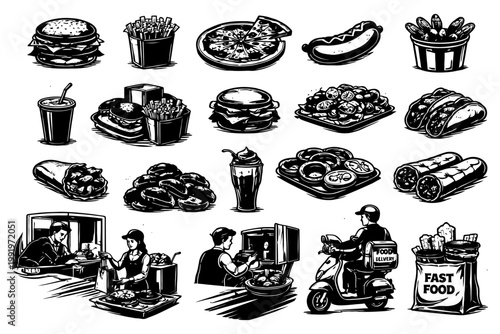 Classic fast food collection: burgers, fries, pizza, tacos, delivery.