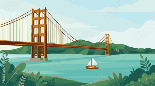 Iconic Golden Gate Bridge with a sailboat and scenic landscape illustration