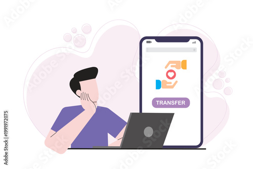 Flat illustration of a man using a laptop with a large smartphone screen showing donation and digital payment interface. Concept of fintech, online giving, and cashless transactions.