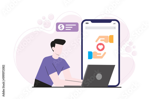 Flat illustration of a man using a laptop with a large smartphone screen showing donation and digital payment interface. Concept of fintech, online giving and cashless transactions.