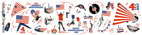 Bild auf Leinwand Happy USA Independence day, halftone stickers and doodles for celebration of 4th July