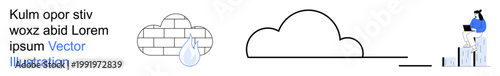 Cloud computing, data storage, digital technology, remote work, progress tracking, online security. a cloud, data elements and a user with a laptop on blocks. Cloud computing and data storage