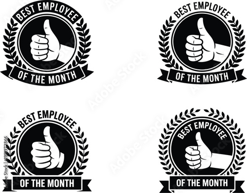 Best employee of the month thumbs up award badges set with thumbs up, employee