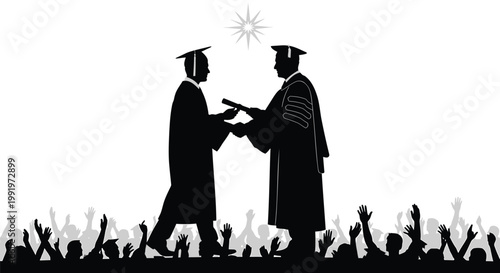 Graduation ceremony, diploma handout, academic achievement, educational success, black silhouette icons