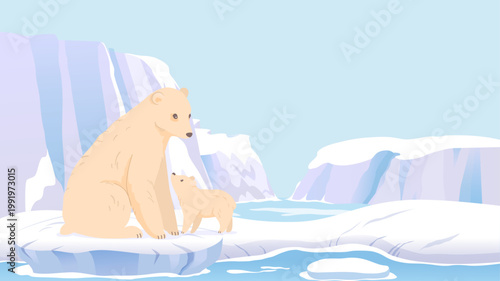 Polar bear cub on arctic ice floe with mother in frozen northern landscape. Vector illustration of endangered wildlife in melting glacier scenery