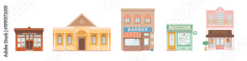 City buildings facades. Exterior facades of library, museum, barber shop, pharmacy, boutique store. Urban infrastructure infographics.
