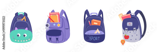 School backpack with colorful books and stationery supplies for students. Children school backpacks vector illustration set. Back to school education concept, Vector illustrations set.