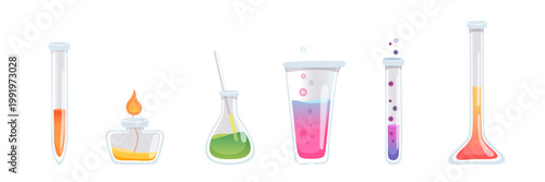 Chemistry lab tubes. Chemistry lab equipment with test tubes and flasks filled with colorful liquids. 3D scientific glassware cartoon vector illustration for laboratory research and experiments.