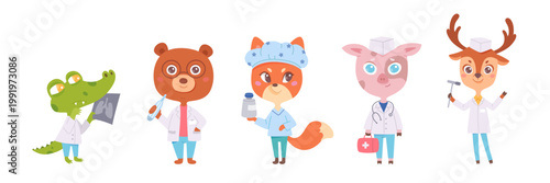 Cute animal doctor mascots in medical coats. Cartoon funny different animals with medical tools, stethoscope and syringe for school, kindergarten, children, pediatric clinics and hospitals.
