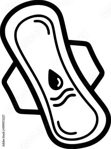 Feminine hygiene and menstrual cycle protection symbol for women health and personal care hygiene products featuring a simple black line art sanitary pad pictogram – Black Vector Illustration