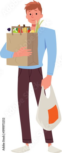 Man holds shopping bags with food products, vector cartoon grocery market paper bag with vegetables and fruits purchases
