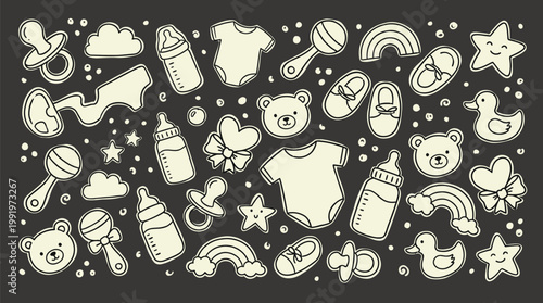 Newborn essentials and nursery accessories pattern for baby shower invitations and childhood themed branding