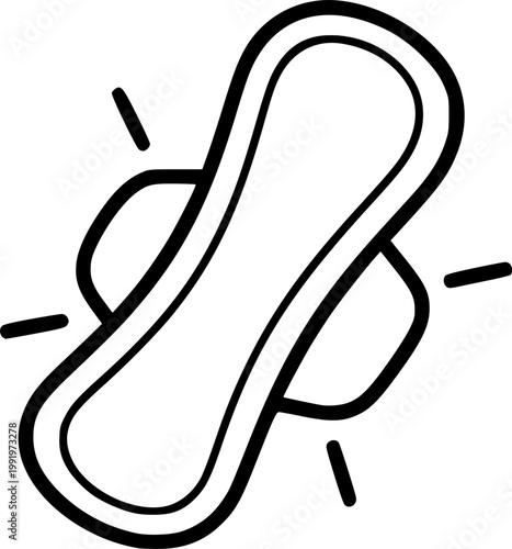 Feminine hygiene and menstrual cycle protection symbol for women health and personal care hygiene products featuring a simple black line art sanitary pad pictogram – Black Vector Illustration