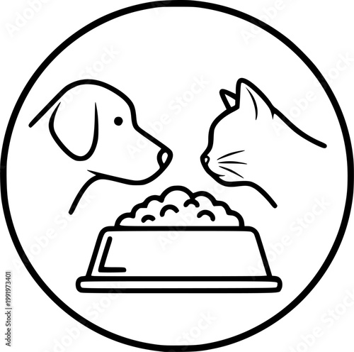 Animal nutrition and domestic care symbol for dog and cat feeding meal with healthy bowl for pet shop and veterinary featuring a simple black line art pet food pictogram – Black Vector Illustration