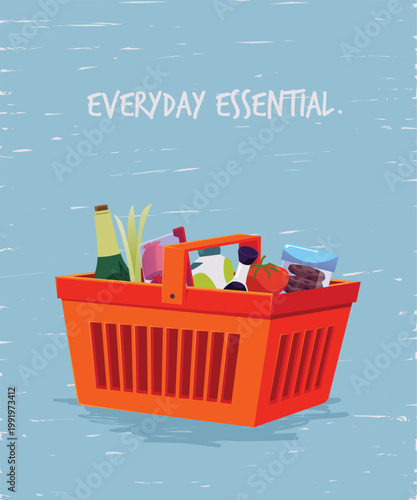 Everyday essential poster vector flat design, shopping cart orange basket with food grocery market products purchases