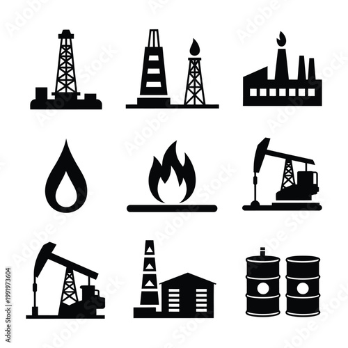 Oil rig silhouette icons with industrial and energy symbols