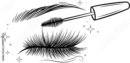 Beauty and fashion cosmetics symbol for makeup eyelashes application and feminine grooming glamour featuring a simple black line art mascara brush wand pictogram – Black Vector Illustration