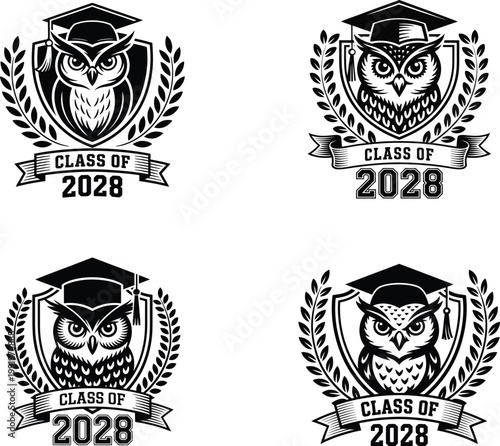 Owl graduation emblem set class of 2028 with academic achievement, graduation