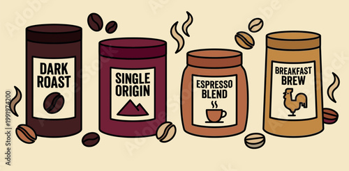 Assorted coffee bean packaging collection for retail marketing and cafe branding identity design