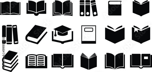 Books icons set collection group library literature education reading textbook notebook manual guide publication archive knowledge study learning open closed book flat line vector