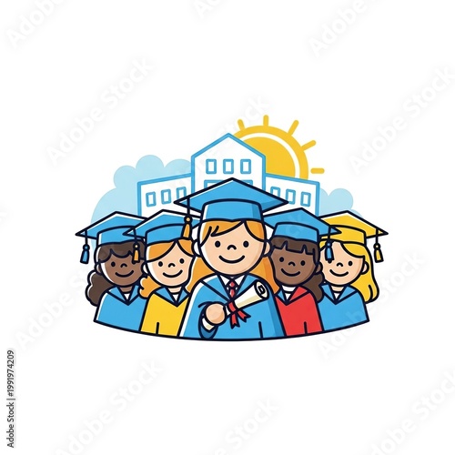 A vibrant vector illustration graphic design featuring a diverse group of smiling children