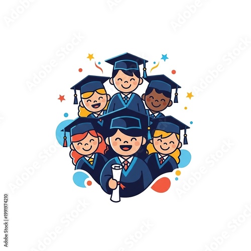 A vibrant vector illustration showcases a diverse group of smiling children in blue graduation gowns and caps