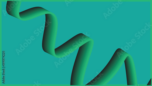 Abstract green ribbon wave twisting smoothly on solid teal background with three dimensional fluid motion vector illustration