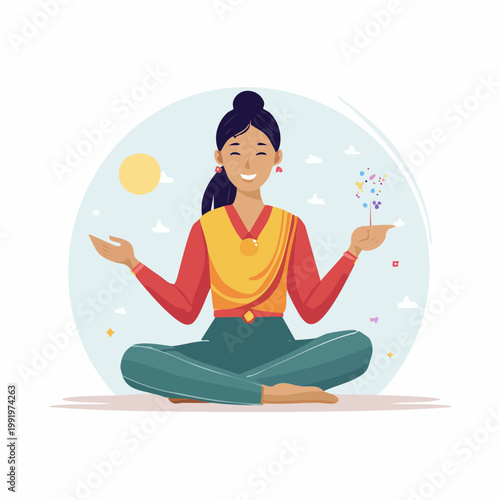 Woman meditating with sparklers and sun