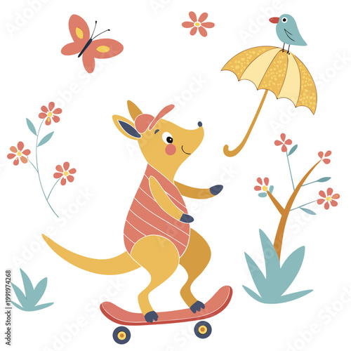 Cute Mischievous Kangaroo, accessorized with riding a skateboard, in a Spring world – Blooming Renewal palette vector