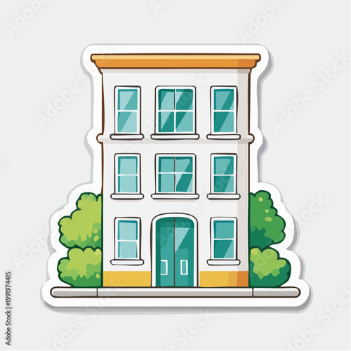 Cartoon building with windows and green bushes