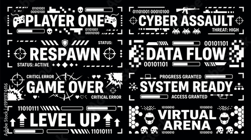 Futuristic gaming interface elements and digital status banners for esports broadcasting and video game streaming overlays