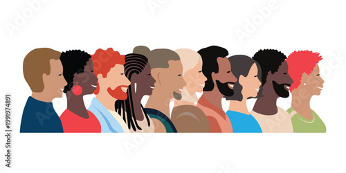 Happy men and women of different races and cultures standing together in profile. Diversity and equality. Hand drawn vector illustration.