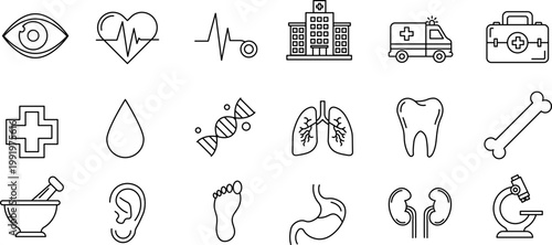 Medical icons depicting various human body parts and healthcare symbols in a single illustration