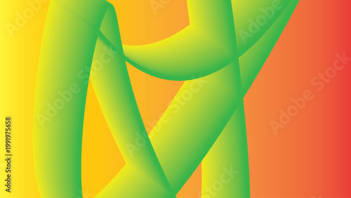 Abstract green ribbon curves intertwined on vibrant yellow to orange gradient background with dynamic three dimensional vector