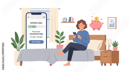 Woman sitting on bed using smartphone with piggy bank nearby indoors