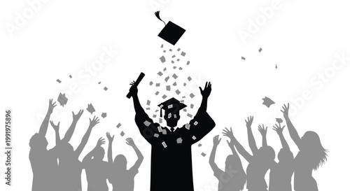 Graduation celebration, graduation day, graduate throwing hat, confetti and cheering students