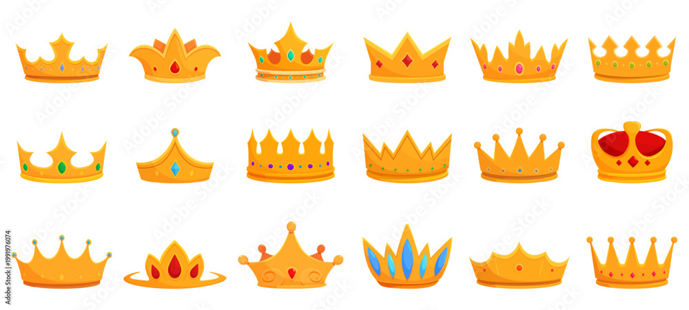 Obraz premium Cartoon diadem and crown. King queen head decorations with gemstones. Isolated golden crowns tiaras, monarch jewelry symbols. Royal sapid vector clipart