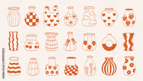 Flat illustration shows 18 vintage vases. Each vase features unique orange and white patterns. Designs include hearts, stripes, and flowers. Vases have a retro, handcrafted feel