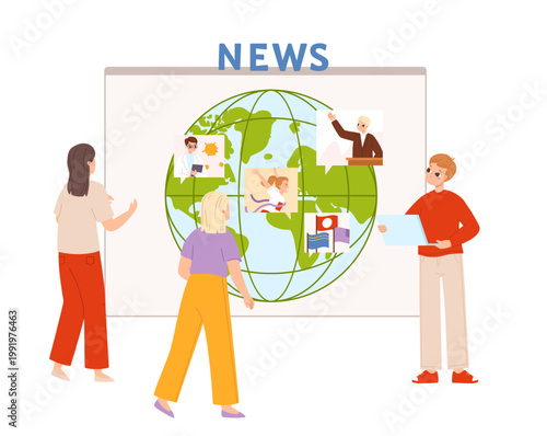 People looking breaking news. Worldwide social media, internet information addiction. Teenagers stand before billboard with globe and info windows, vector concept