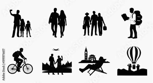 Collection of set of black silhouette vectors depicting tourists at different stages of their journey.
